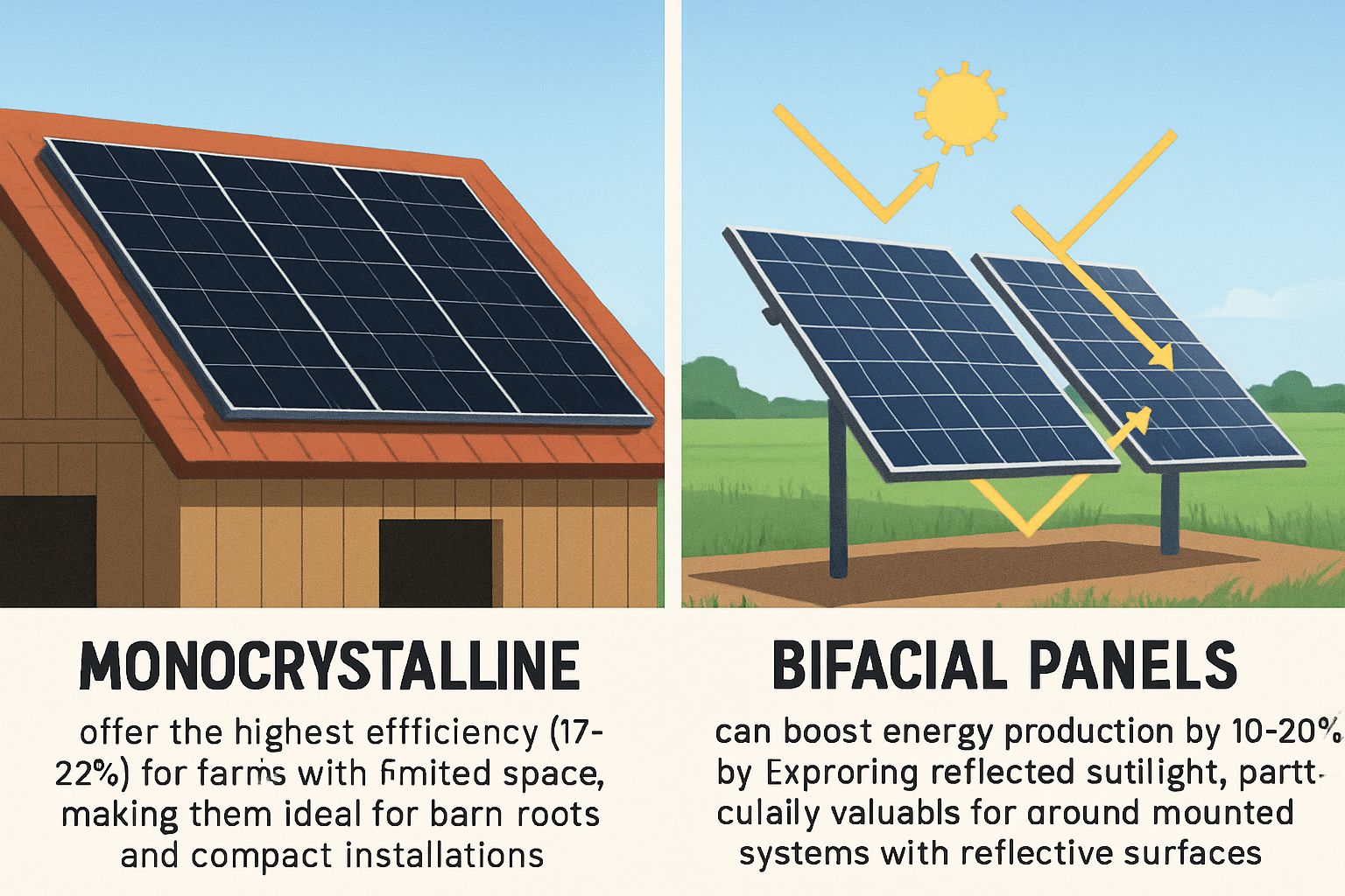 Visual comparison between monocrystalline (black), polycrystalline (blue), and bifacial panels