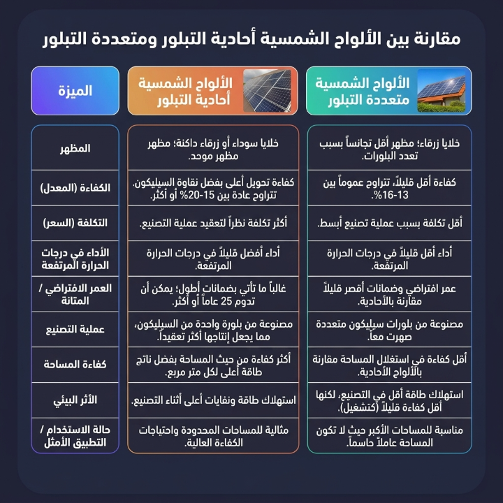 إنفوجرافيك يقارن بين الألواح الشمسية من حيث الكفاءة والتكلفة والأداء